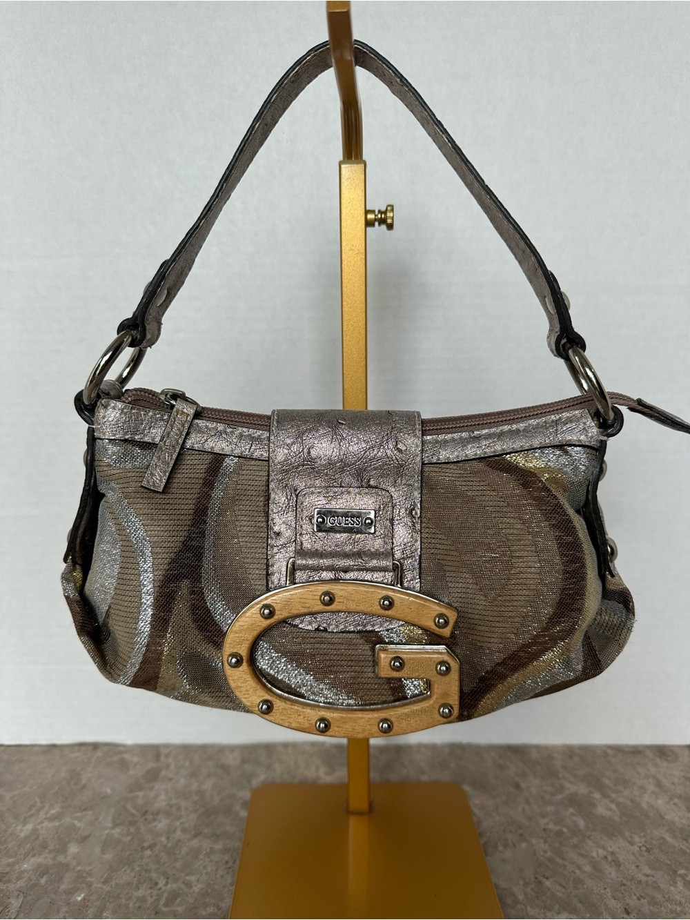 Vintage GUESS Monogram Jacquard Handbag Metallic Gray Boho Grunge Y2K Mcbling